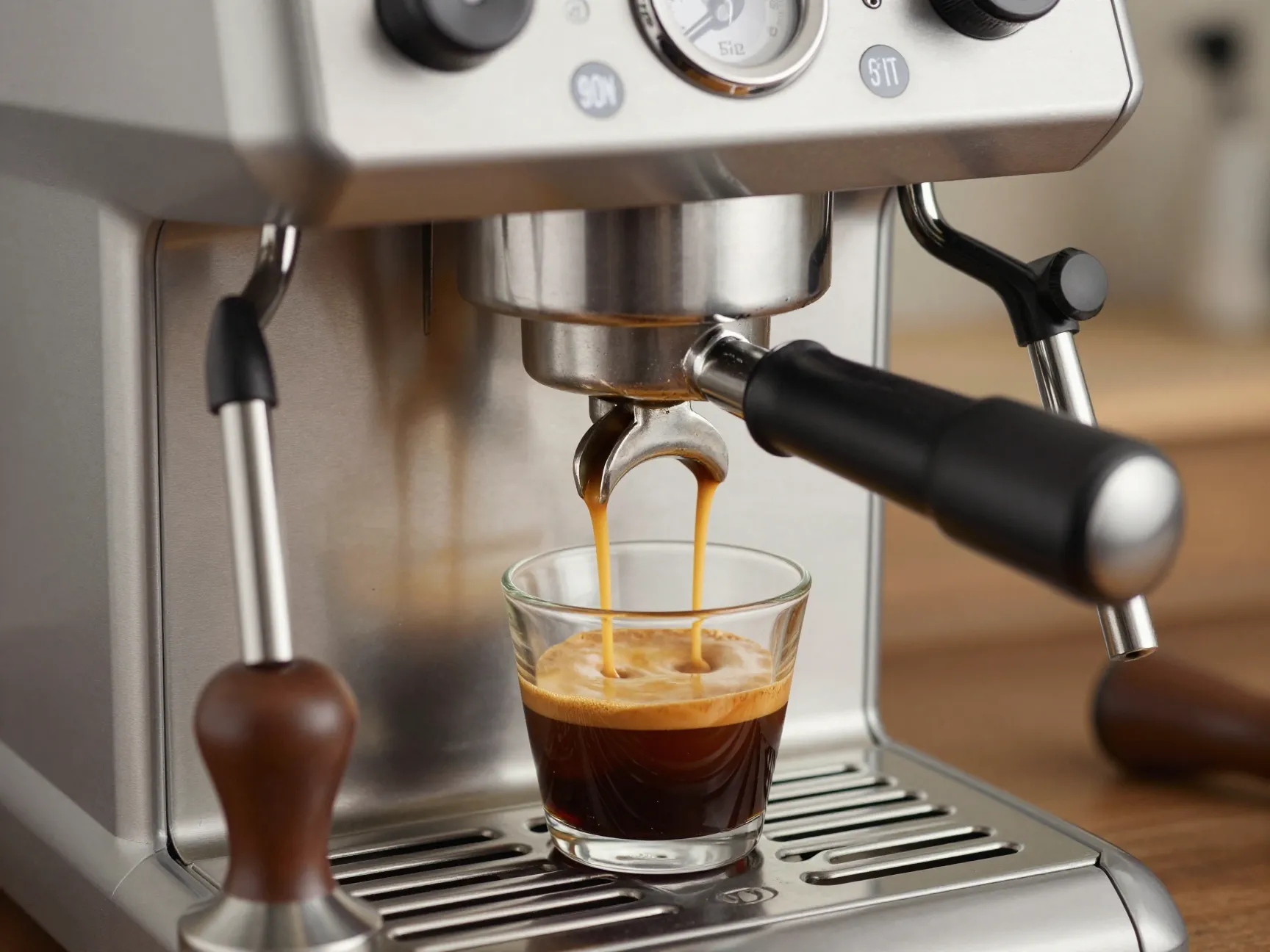 Home espresso machine extracting a shot with golden crema