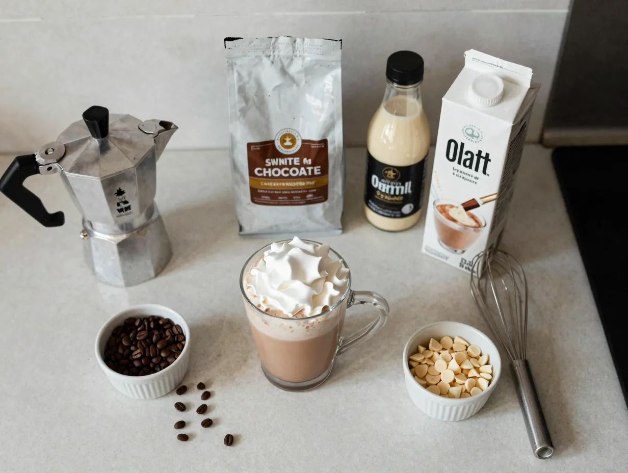 Homemade mocha with espresso maker and ingredients flat lay