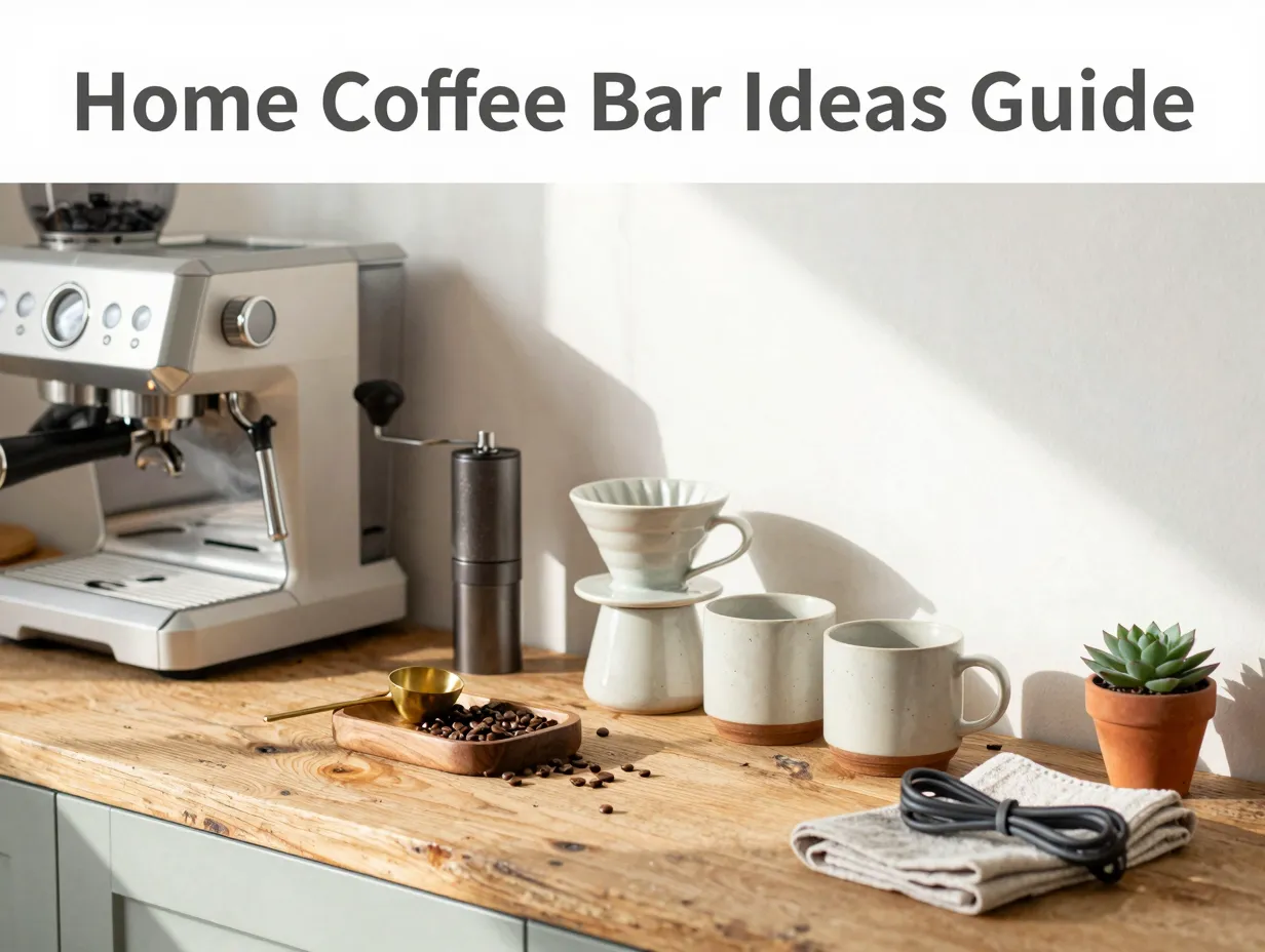 Minimal coffee station espresso pour over mugs succulent wood tray flat lay