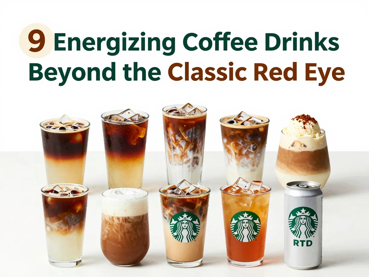 Nine distinct modern coffee drinks flatlay arrangement