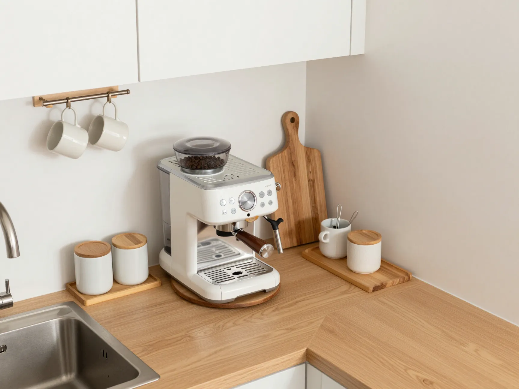 Countertop corner station near sink with espresso machine on lazy susan