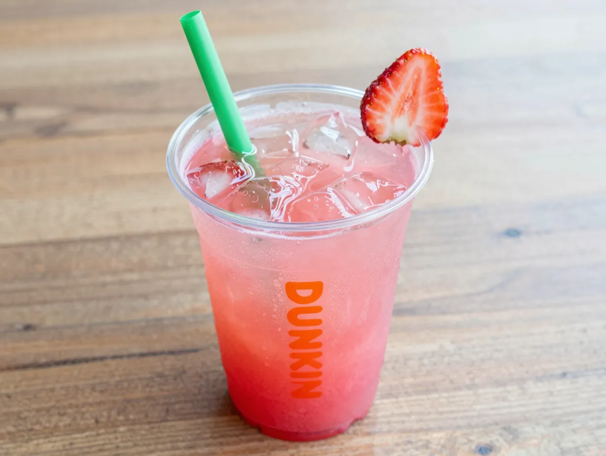 Strawberry dragonfruit refresher pink drink with green tea base