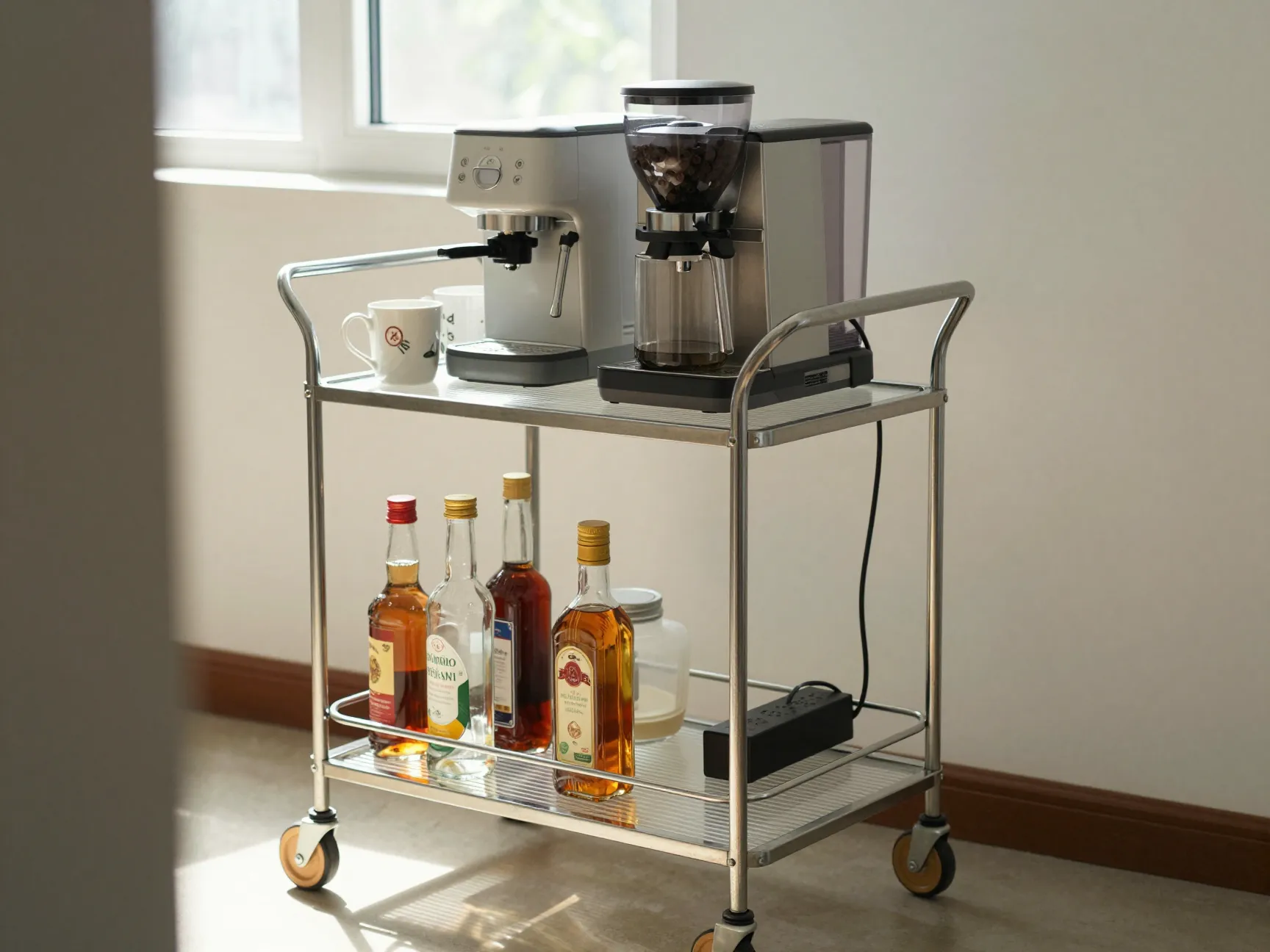 Two tier rolling bar cart with coffee maker and supplies in sunny room