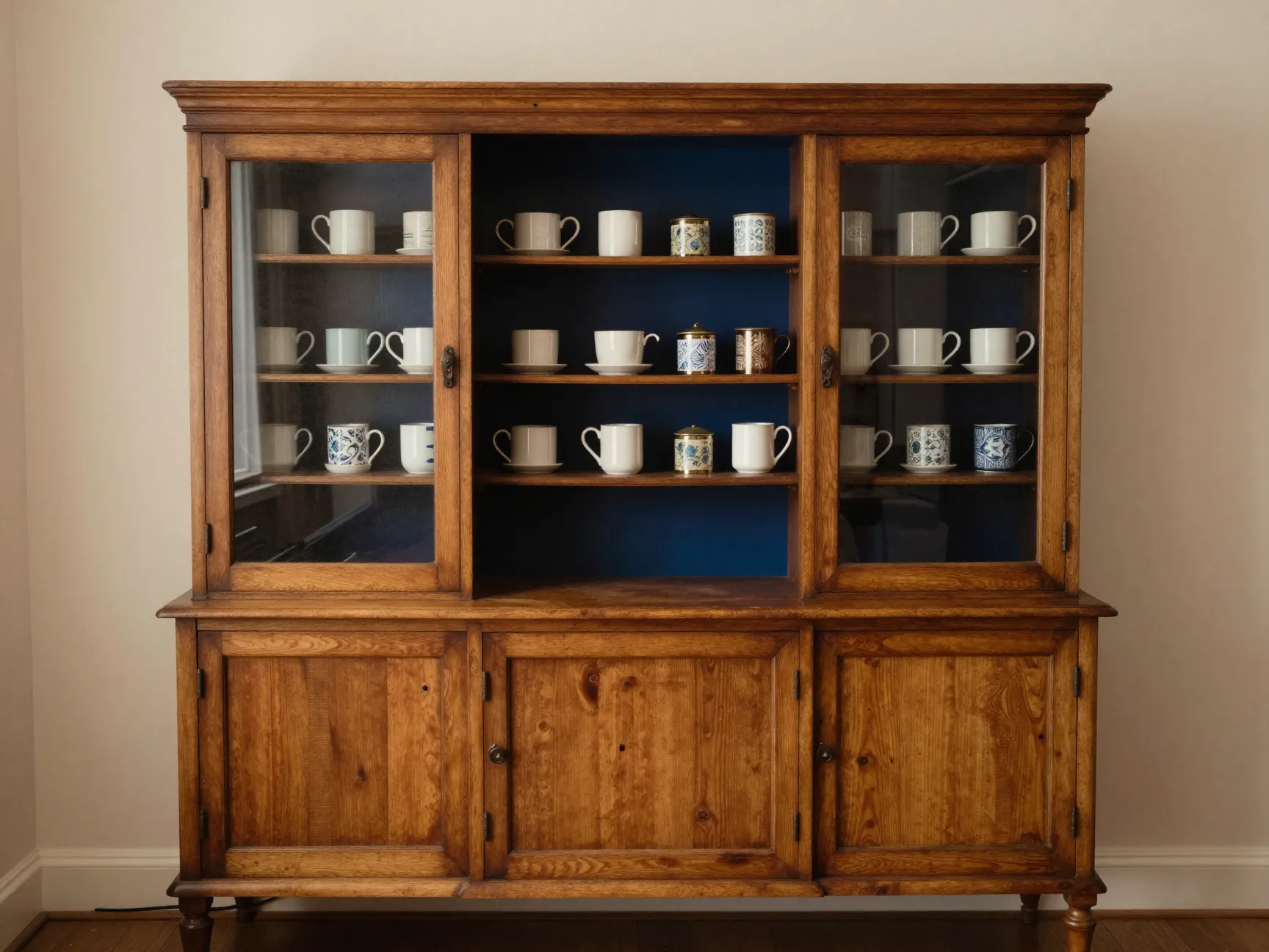 Repurposed vintage hutch with painted interior showcasing mugs