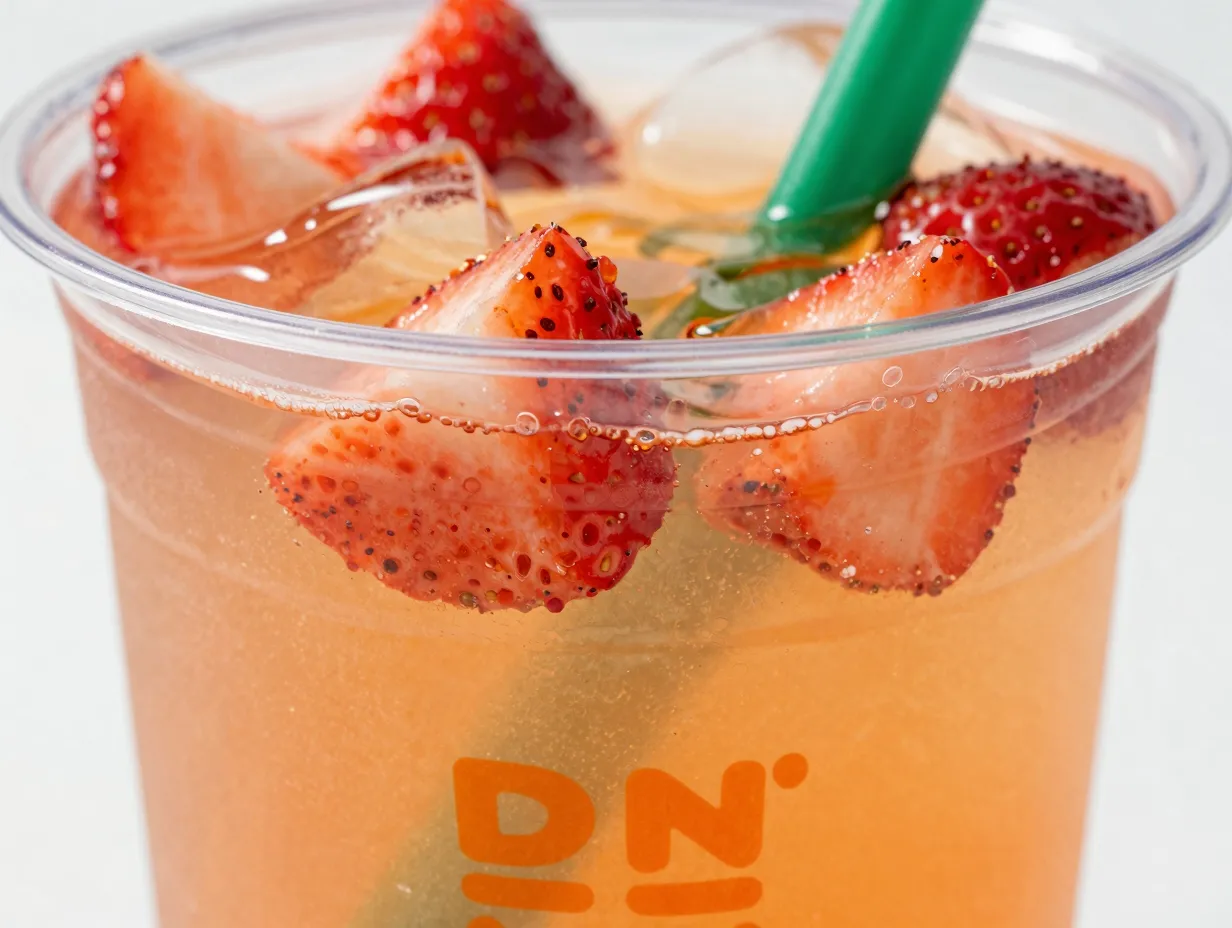 Mango strawberry refresher with real strawberry pieces in cup