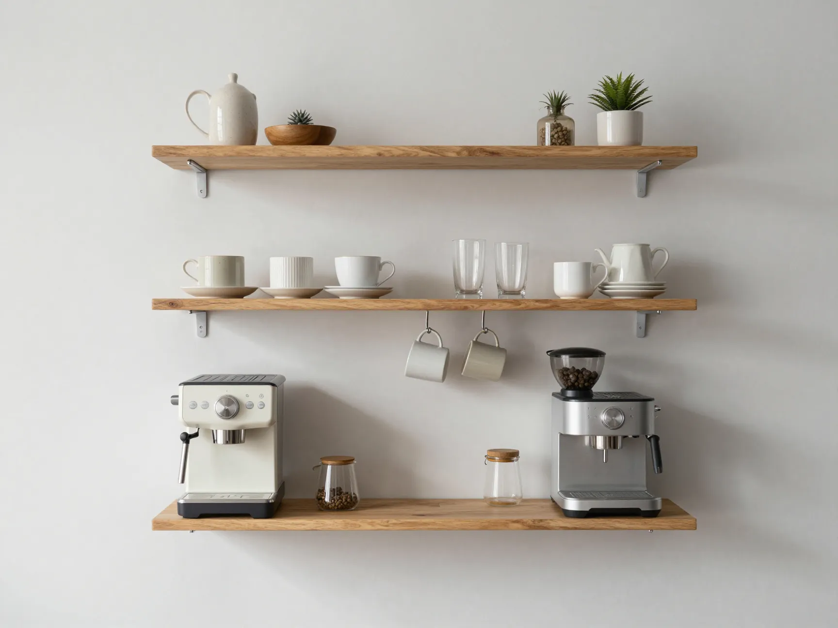 Vertical floating shelf wall system with hanging mugs and appliances