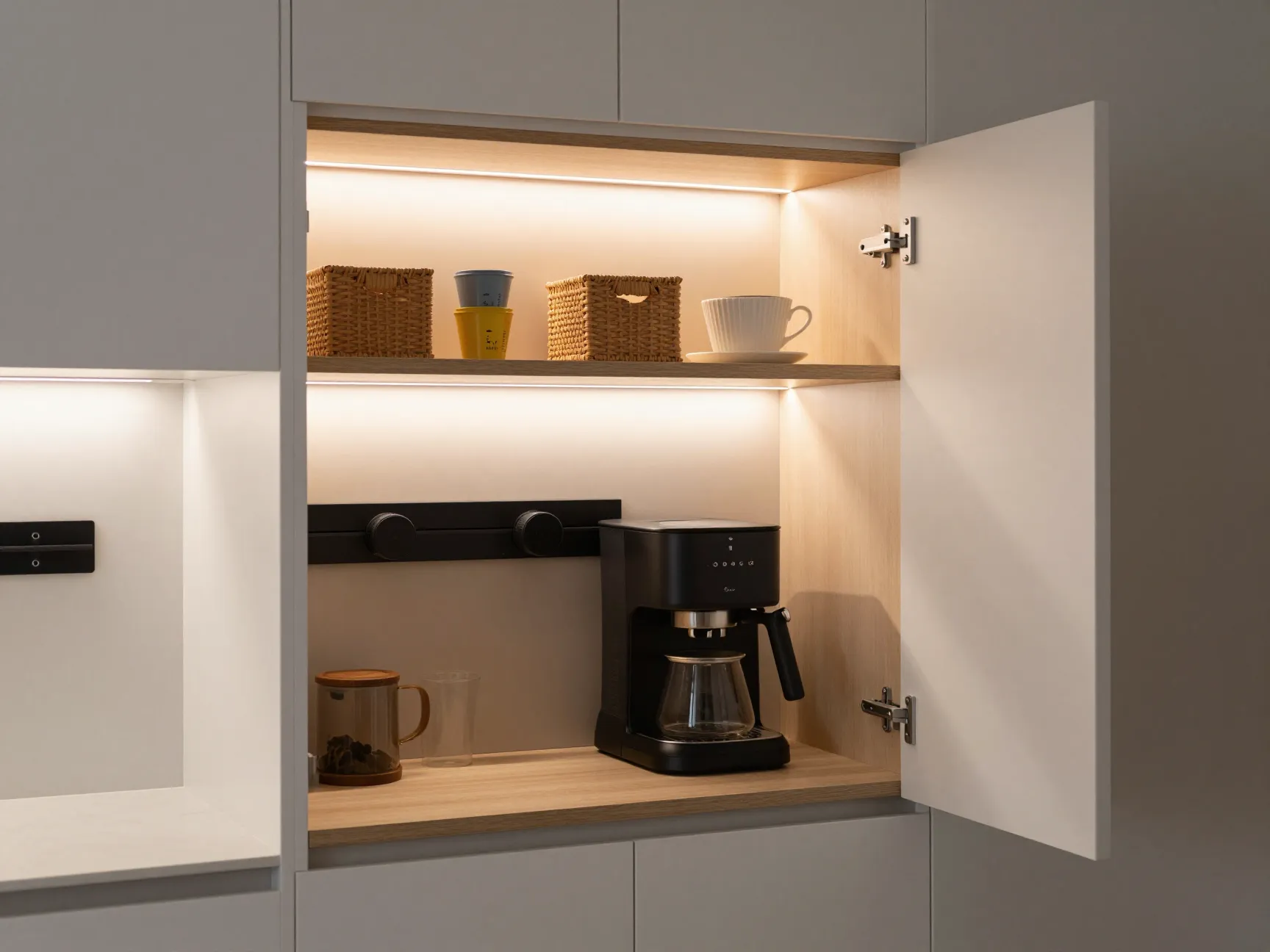 Converted kitchen cabinet with pull out shelf and interior lighting