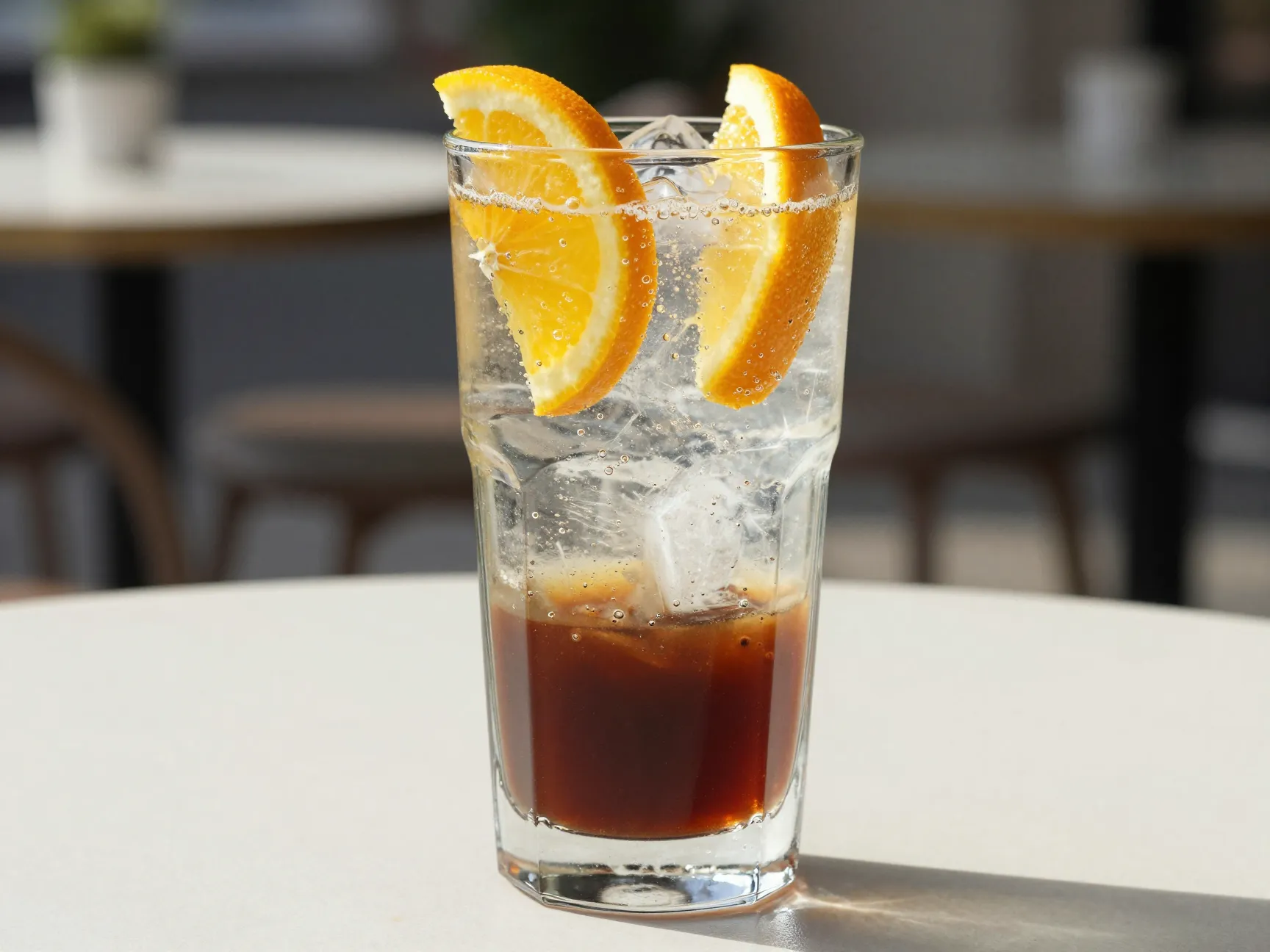 Espresso tonic with bubbles and citrus slice in glass