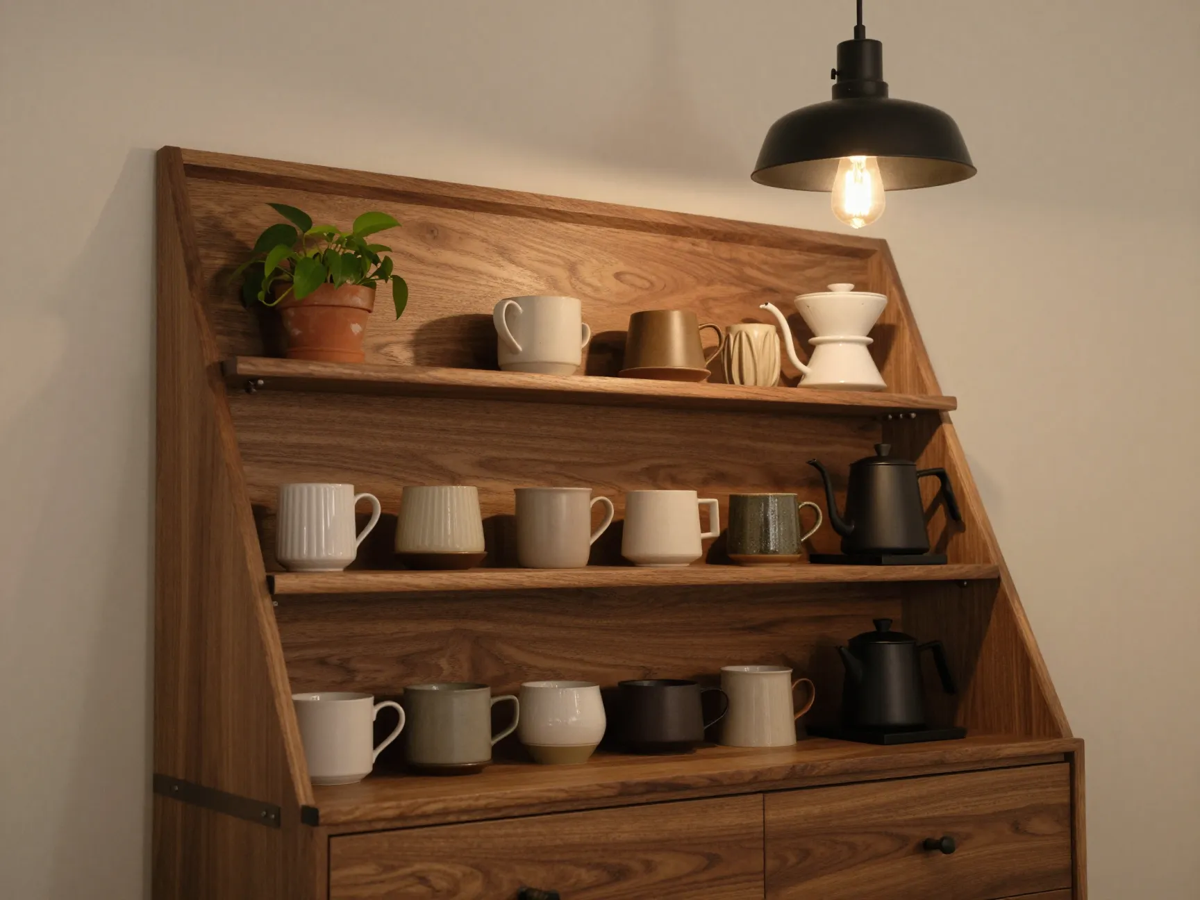 Mid century modern open shelf bar with pour over and curated mugs