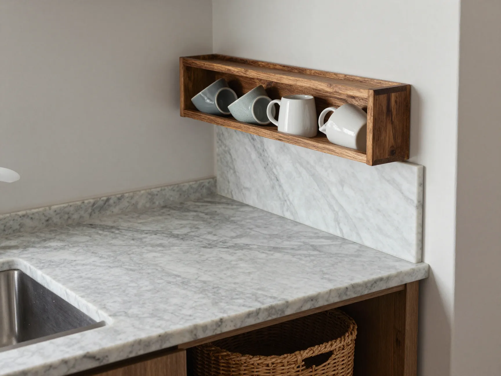 Kitchen island dead end nook with marble slab and mounted mug shelf