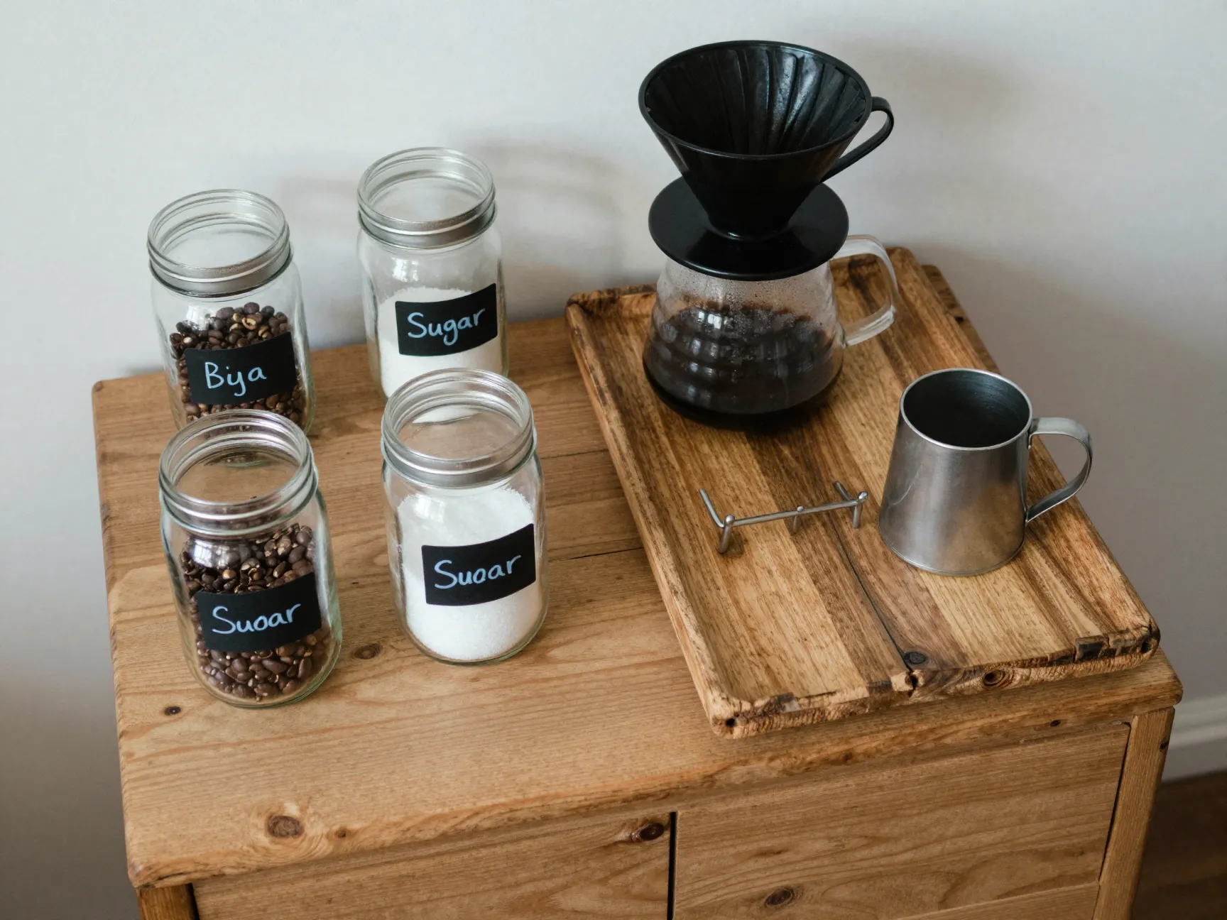 Budget friendly repurposed station with mason jars and basic dripper