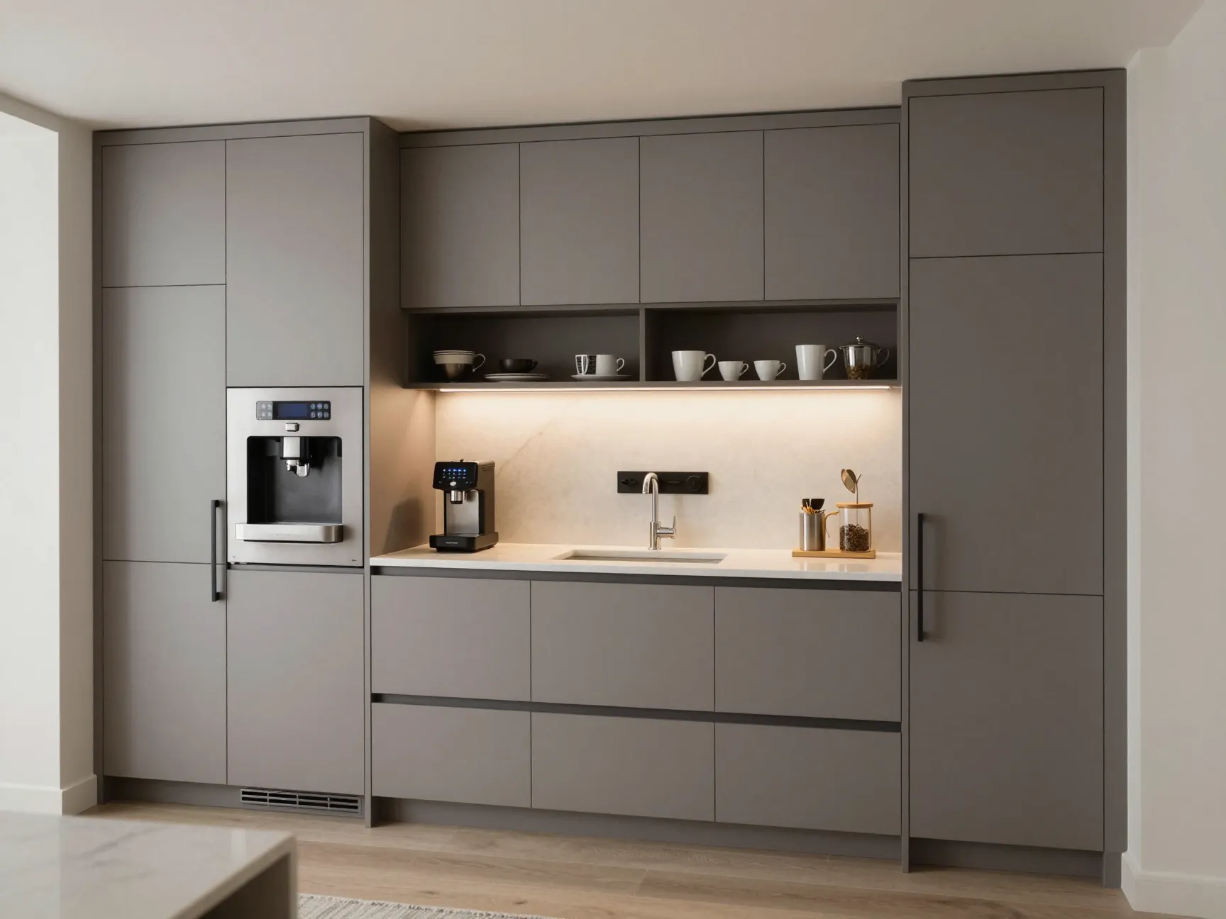 Built in remodel with plumbed espresso machine and refrigerator drawer