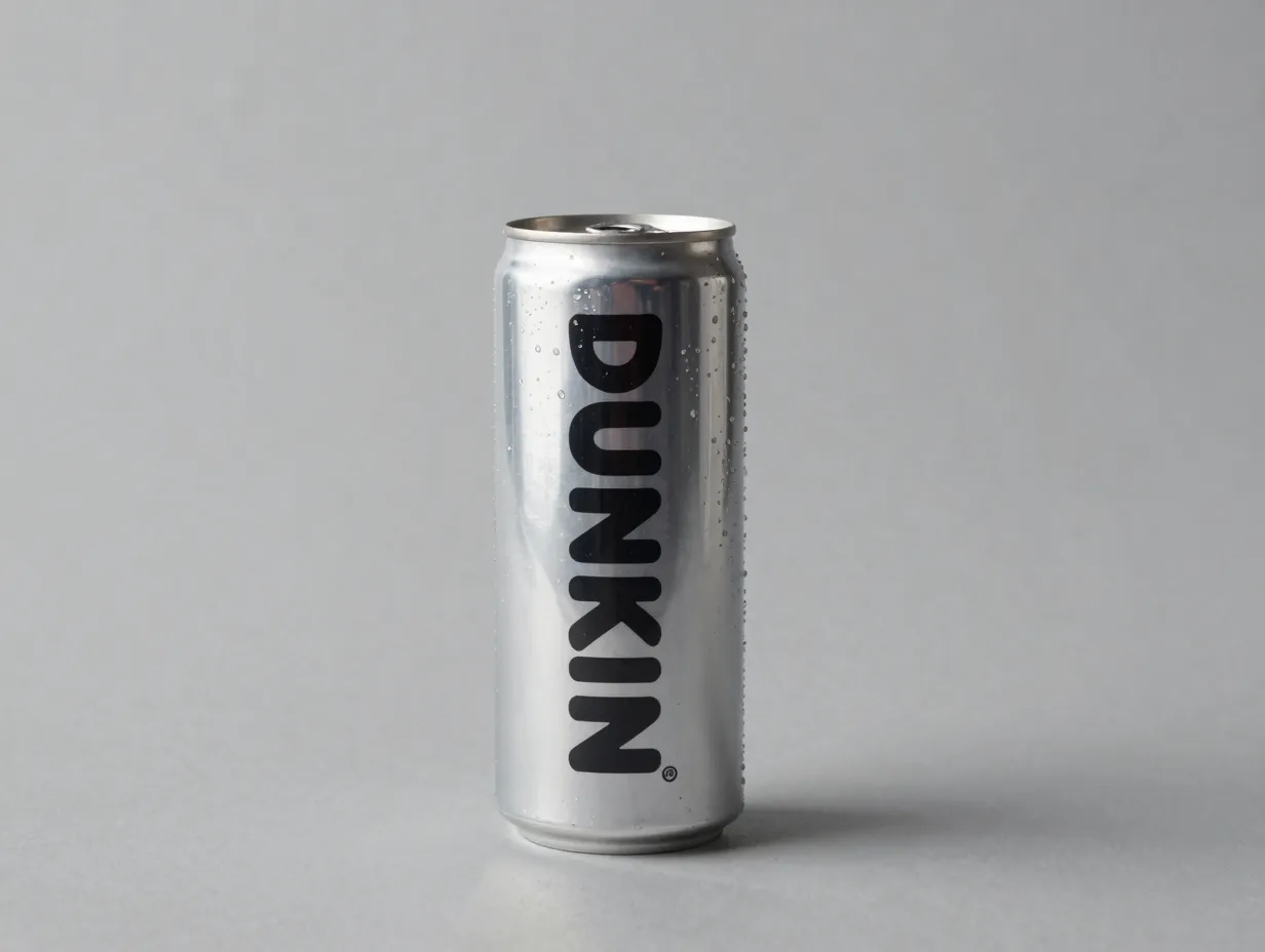 Dunkin zero energy drink silver can on minimalist grey background