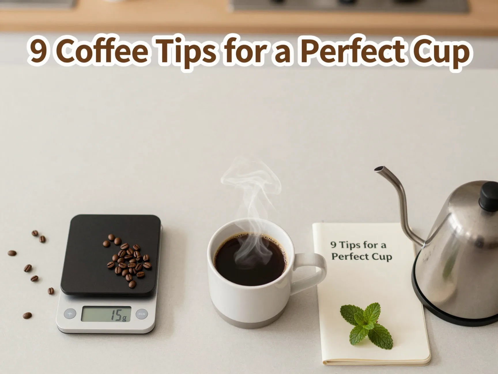 Mug steaming scales kettle beans notebook mint symmetrical