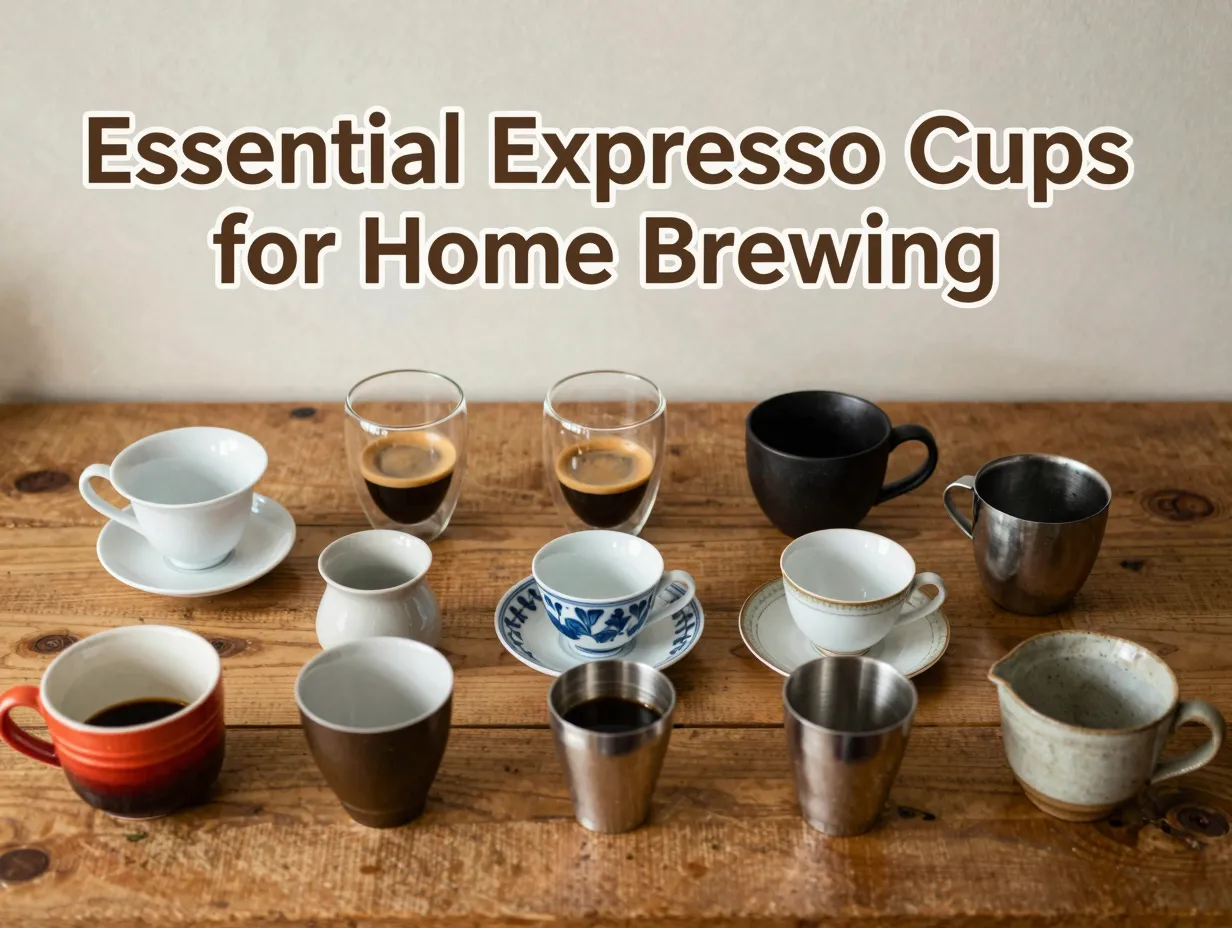 Nine essential espresso cups flat lay on wooden home barista setup