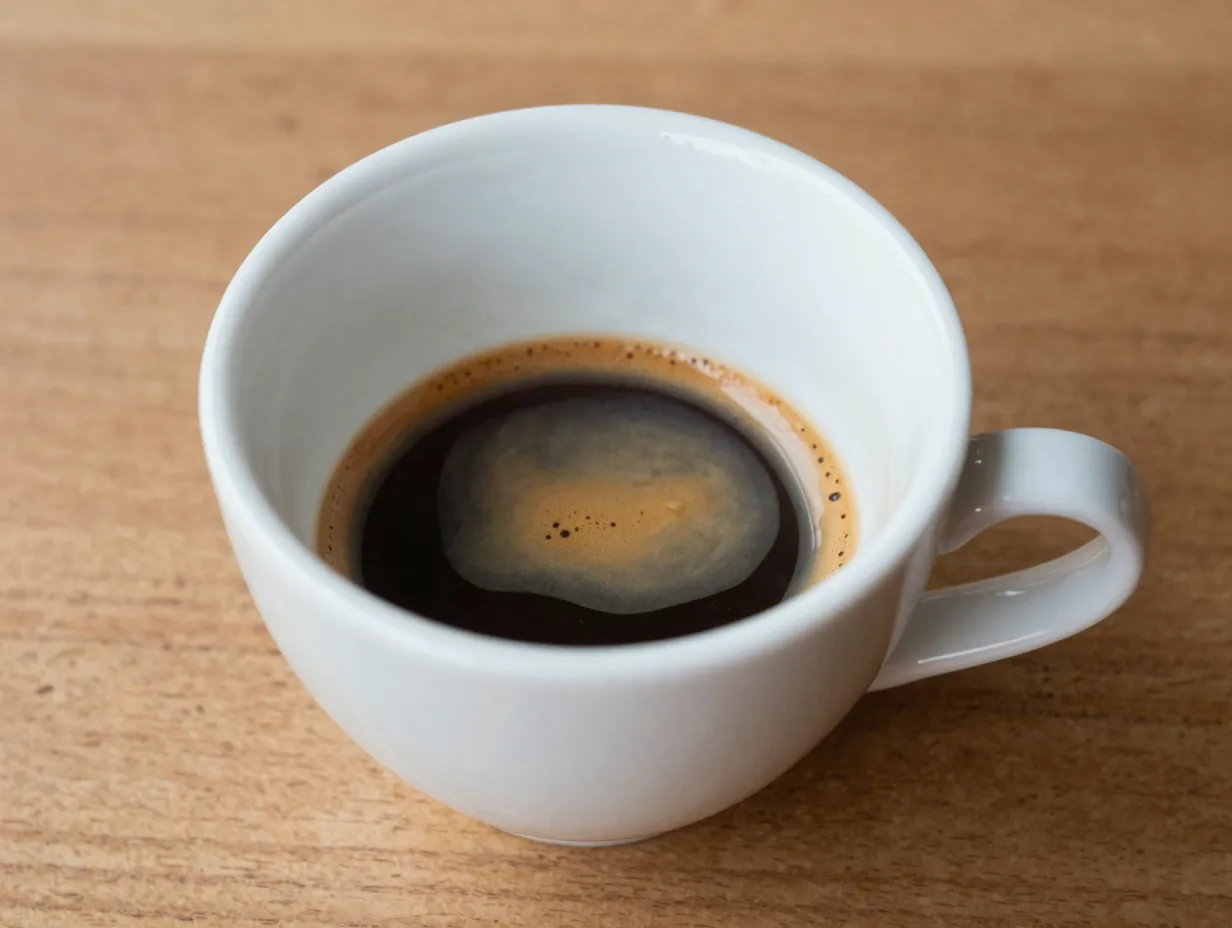 A classic white ceramic demitasse cup holding a perfect espresso on a wooden table