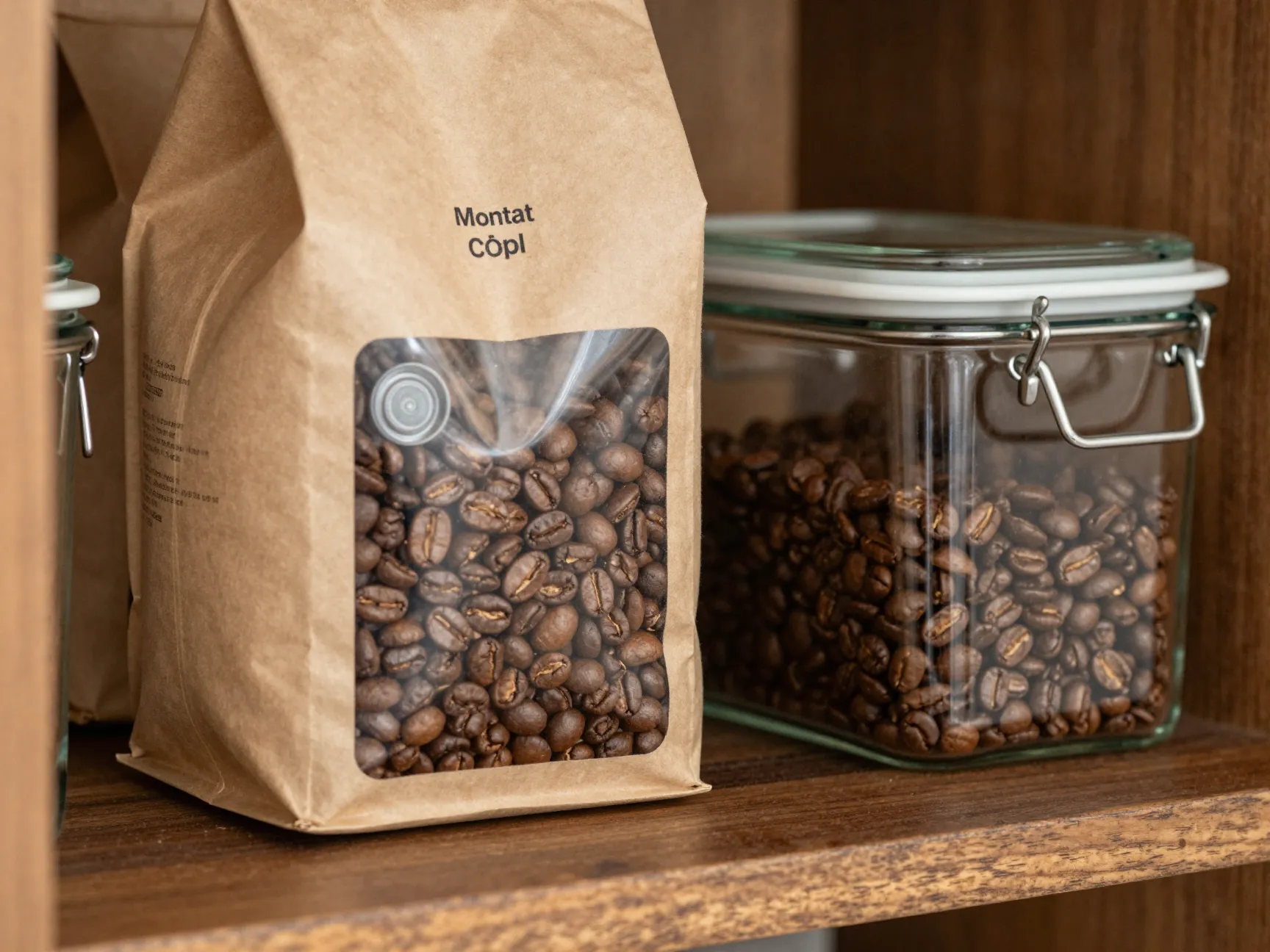 Fresh beans printed roast date airtight container on pantry shelf