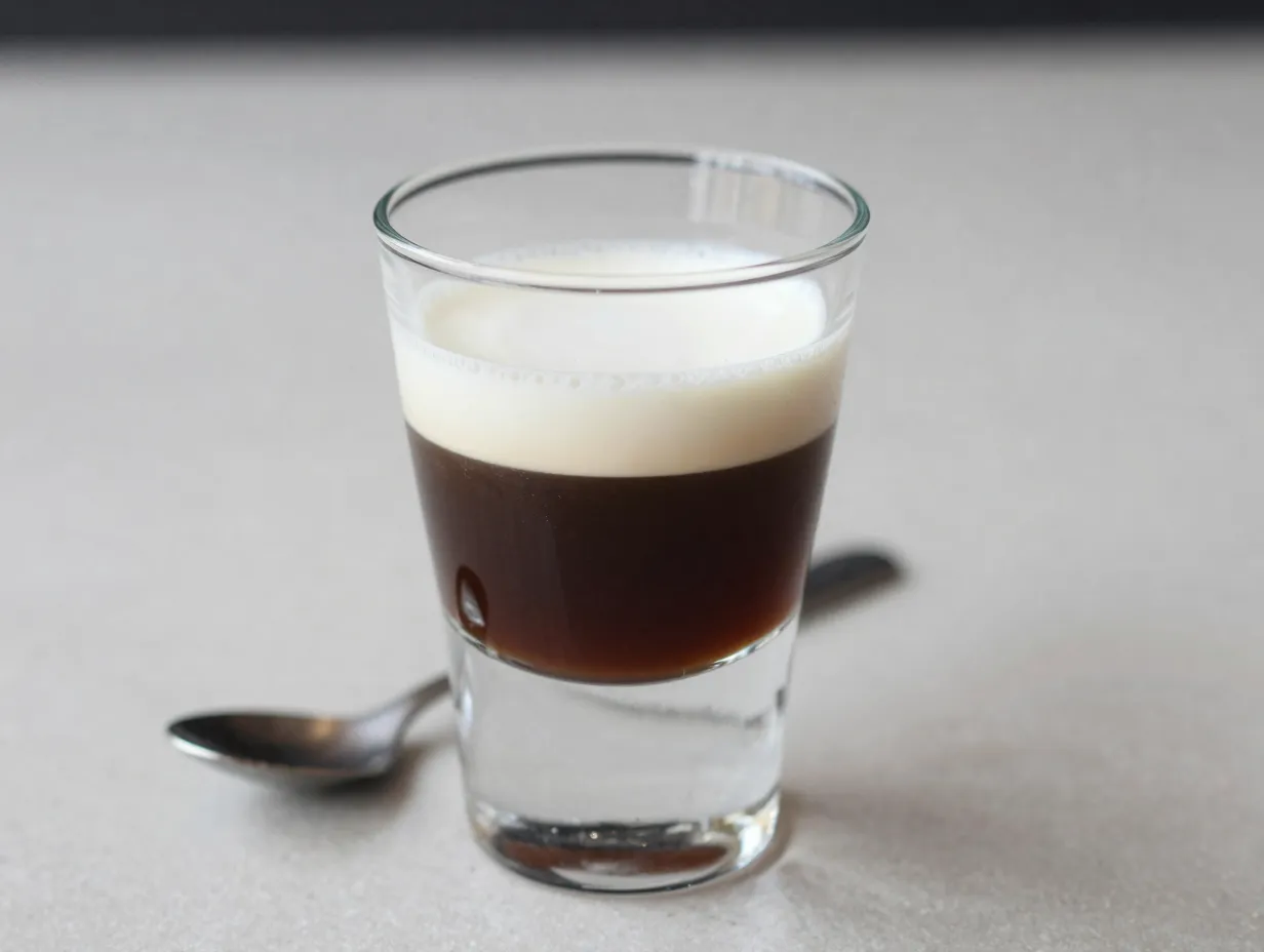 A straight sided cortado glass showcasing a layered espresso and milk drink