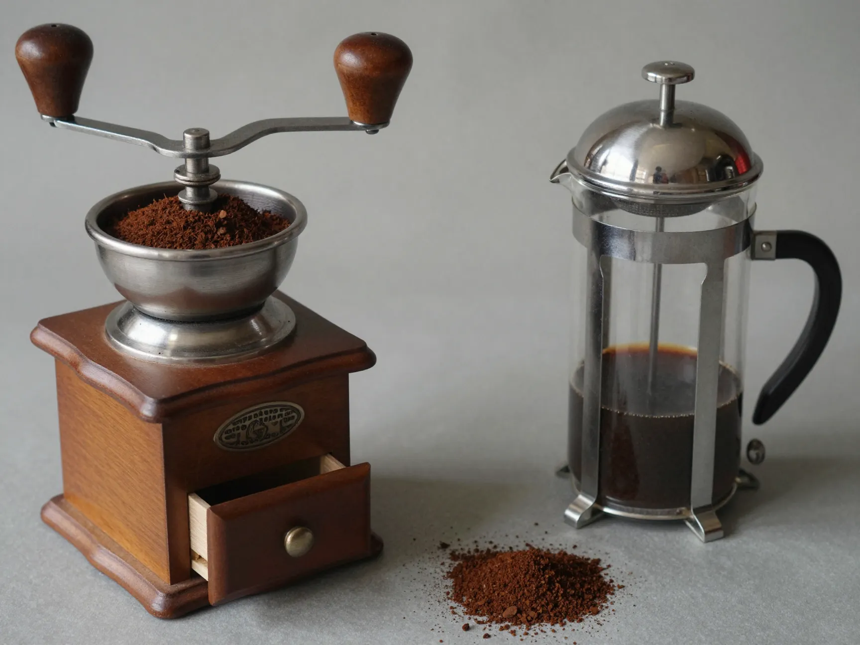 Burr grinder producing coarse grind next to french press brewer