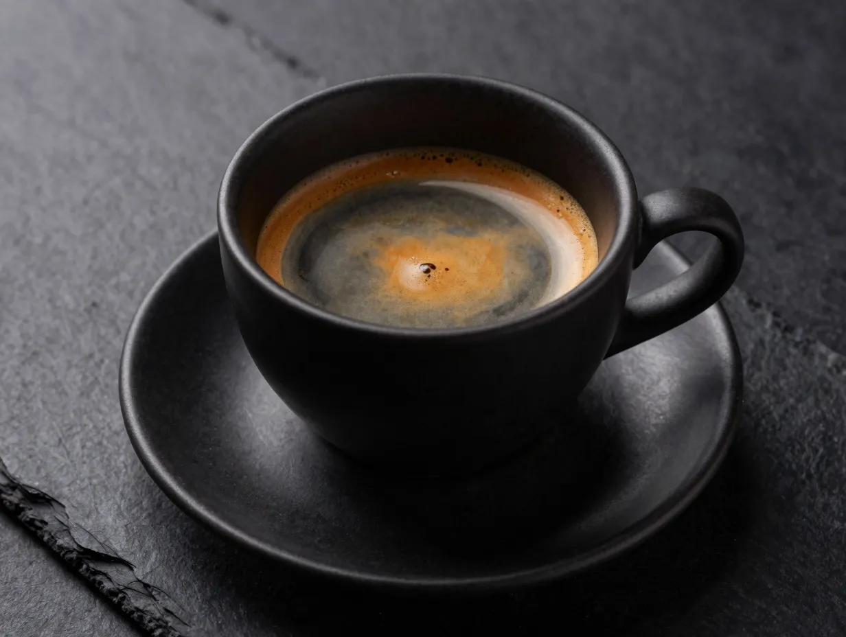 A matte black ceramic cup with crema on a slate saucer