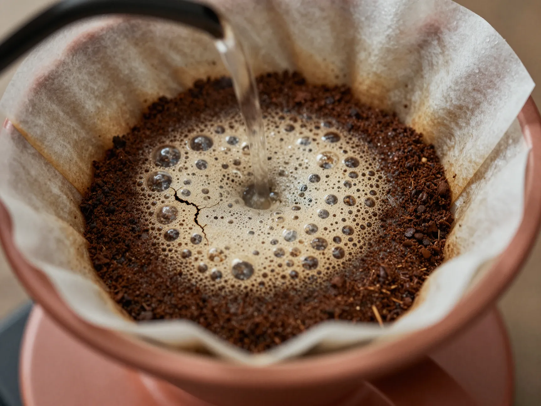 Coffee grounds blooming with bubbles during pre wet pour over