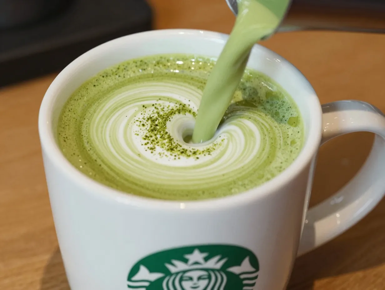 Matcha tea latte trendy grassy earthy energizing calming focus