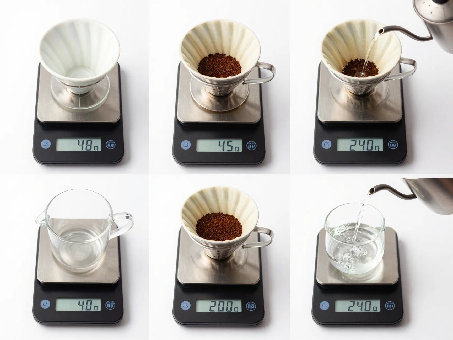 Kitchen scale workflow with tared brewer coffee and water measurements