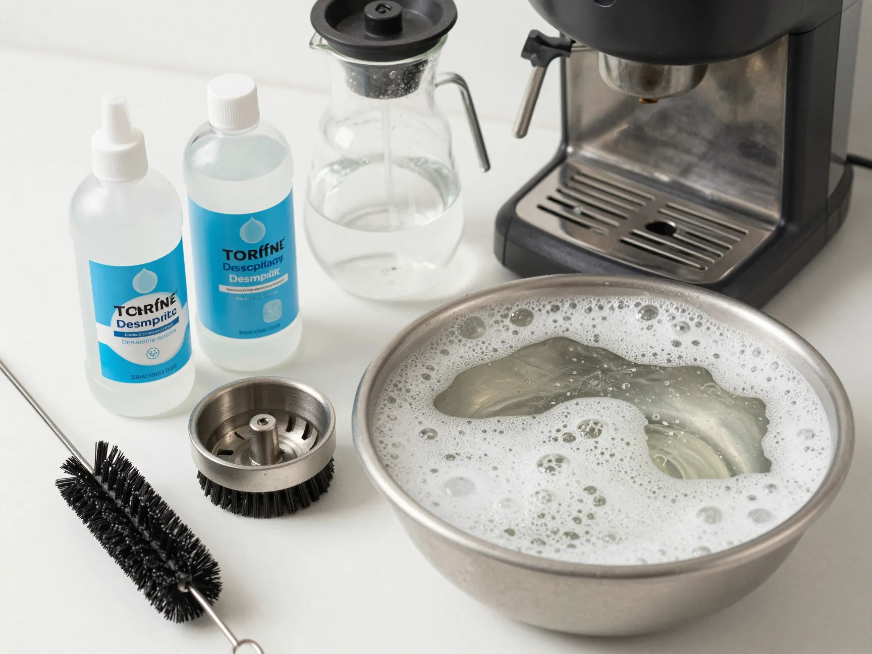 Cleaning coffee equipment with descaling solution and soapy water