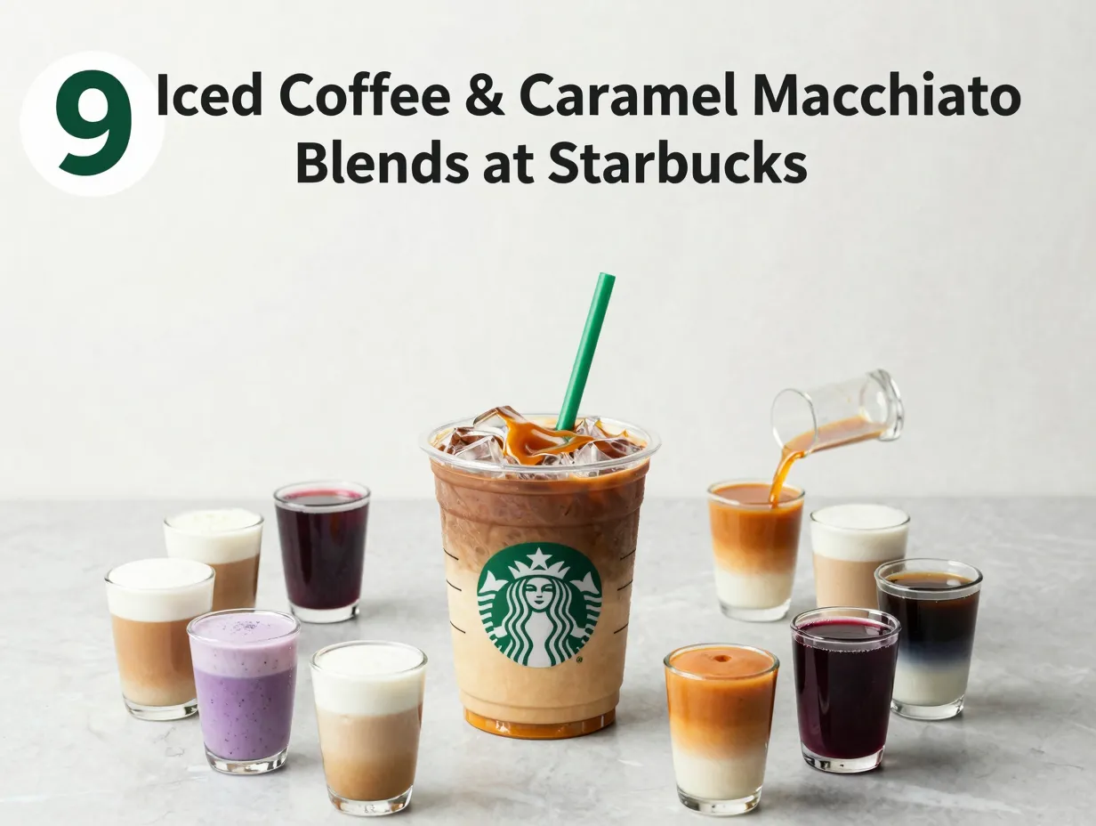Overhead shot layered iced caramel macchiato surrounded by customization vials
