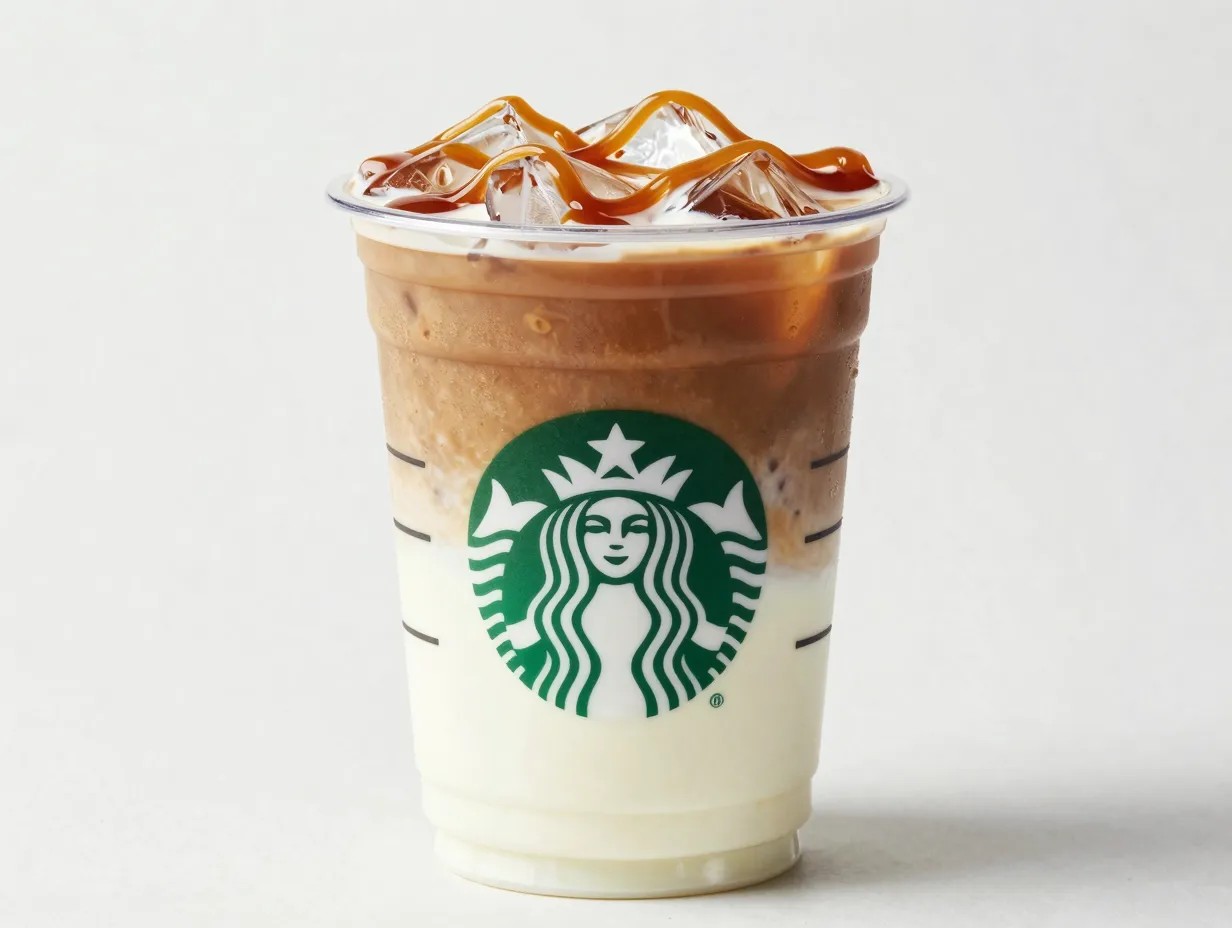 Classic iced caramel macchiato grand cup clean background