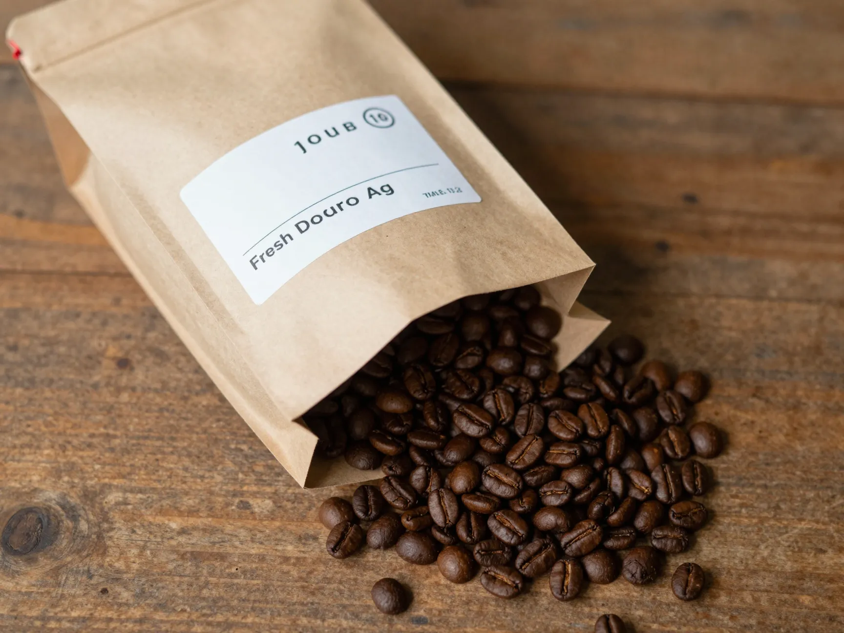 Fresh coffee beans roasted two weeks ago on wooden table