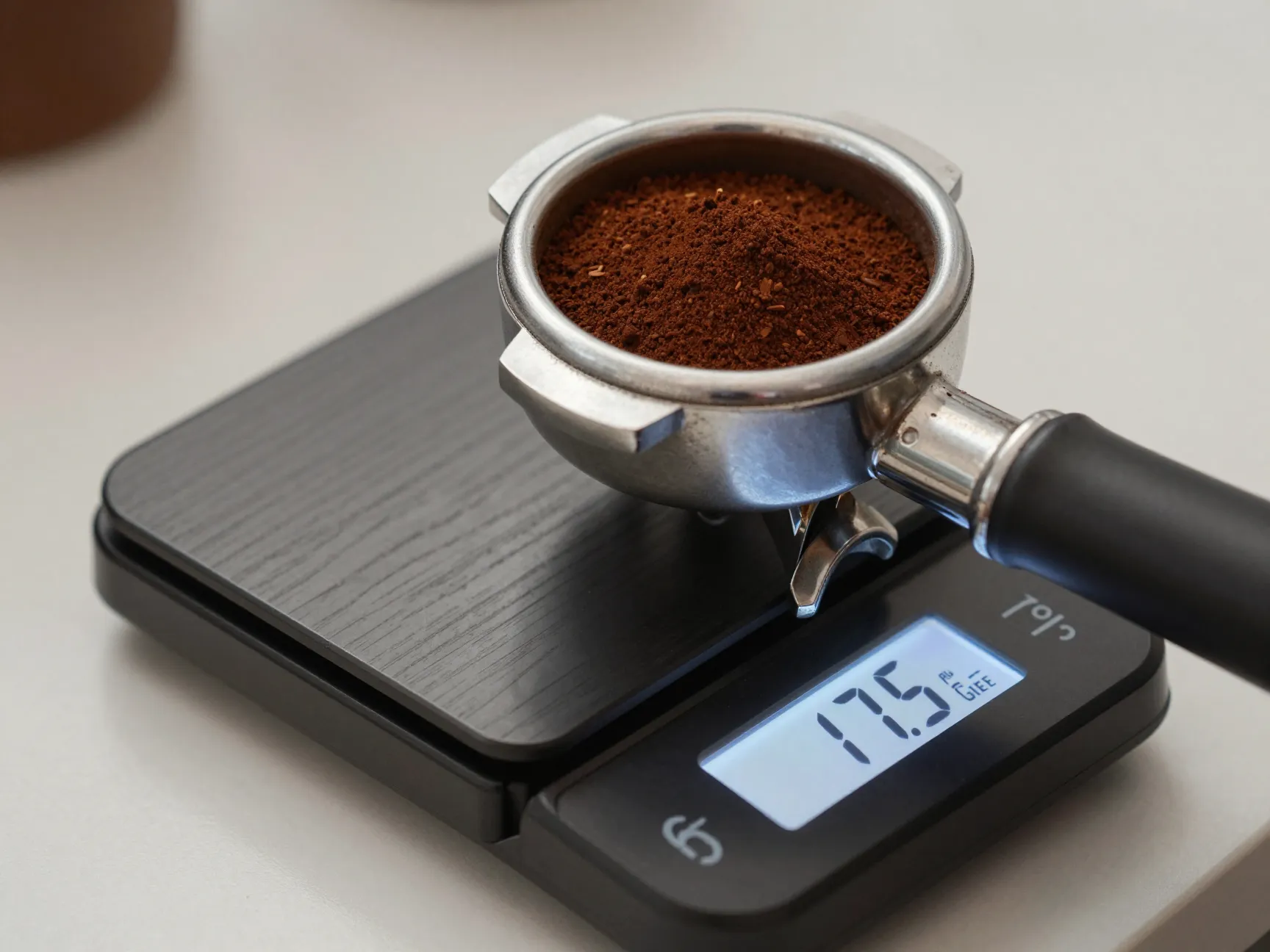 Digital scale weighing 175 grams of ground coffee in portafilter basket