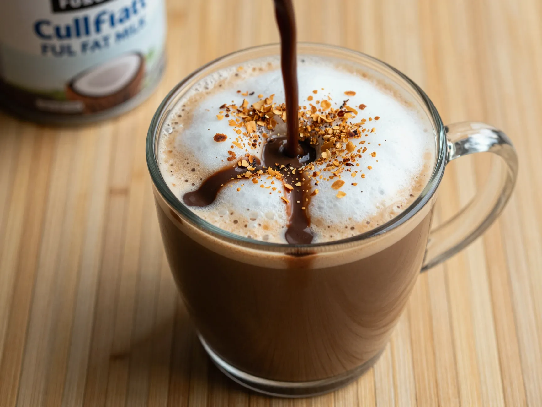 Coconut mocha latte mug full fat milk flakes