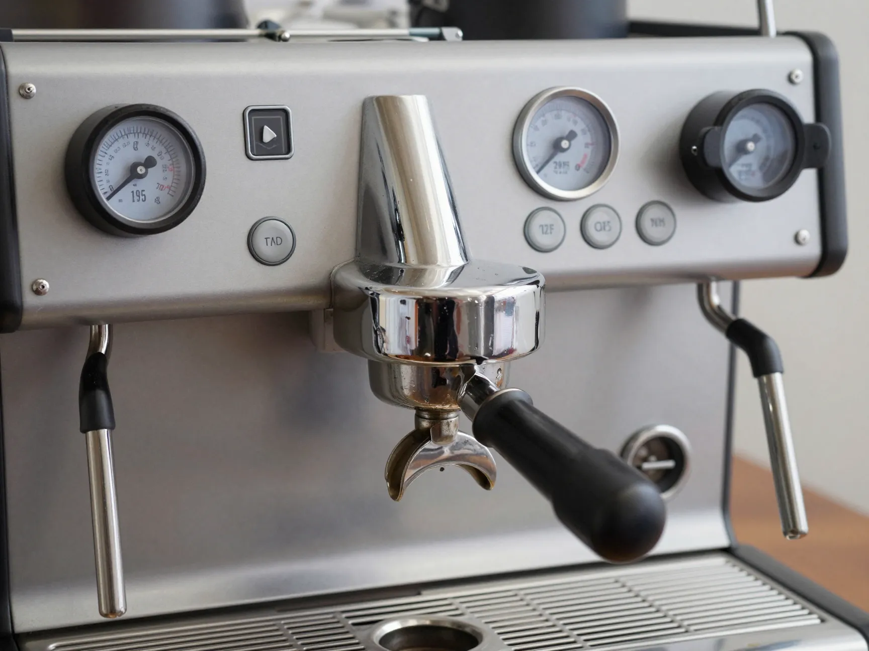 Espresso machine group head showing temperature and pressure settings