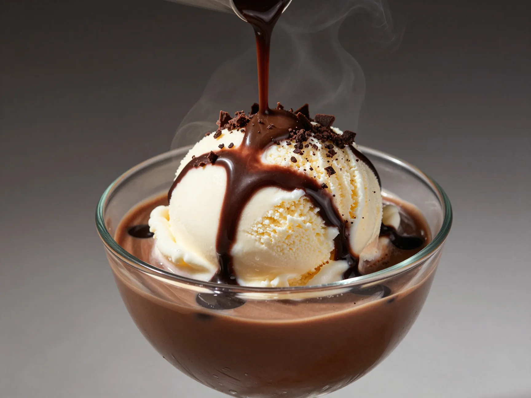 Mocha affogato glass hot espresso over ice cream