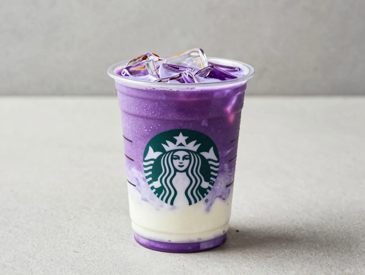 Iced ube coconut macchiato vibrant purple coconut milk