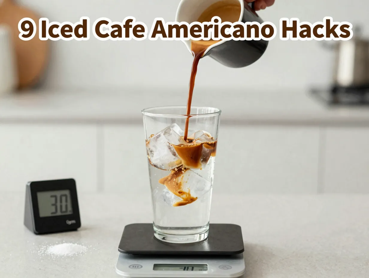 Overhead view of espresso pouring into glass with coffee ice cubes
