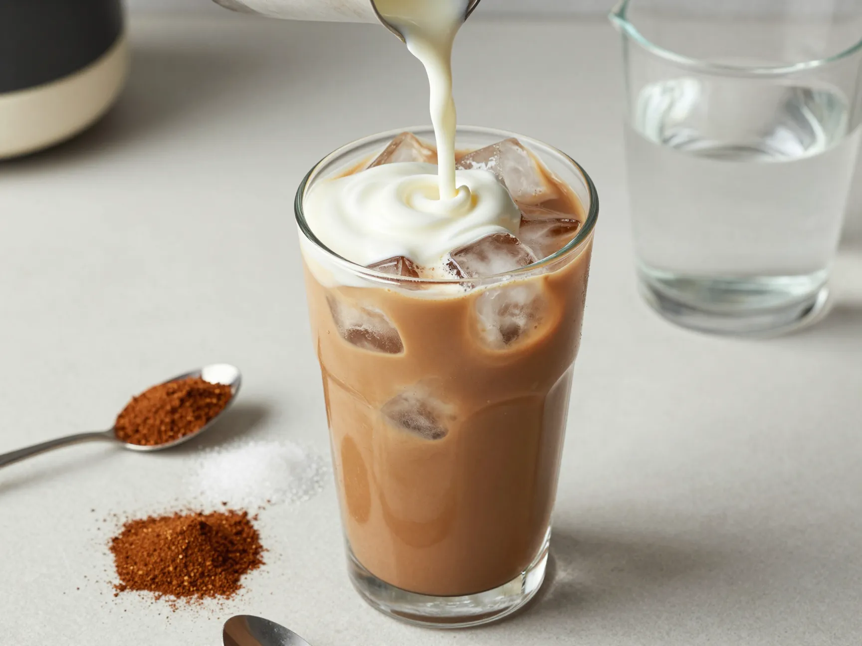 Classic hot brew iced coffee instant powder sugar cream ice glass