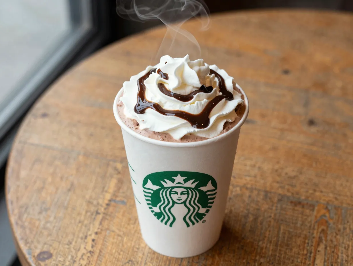 Classic hot chocolate starbucks cup whipped cream mocha drizzle