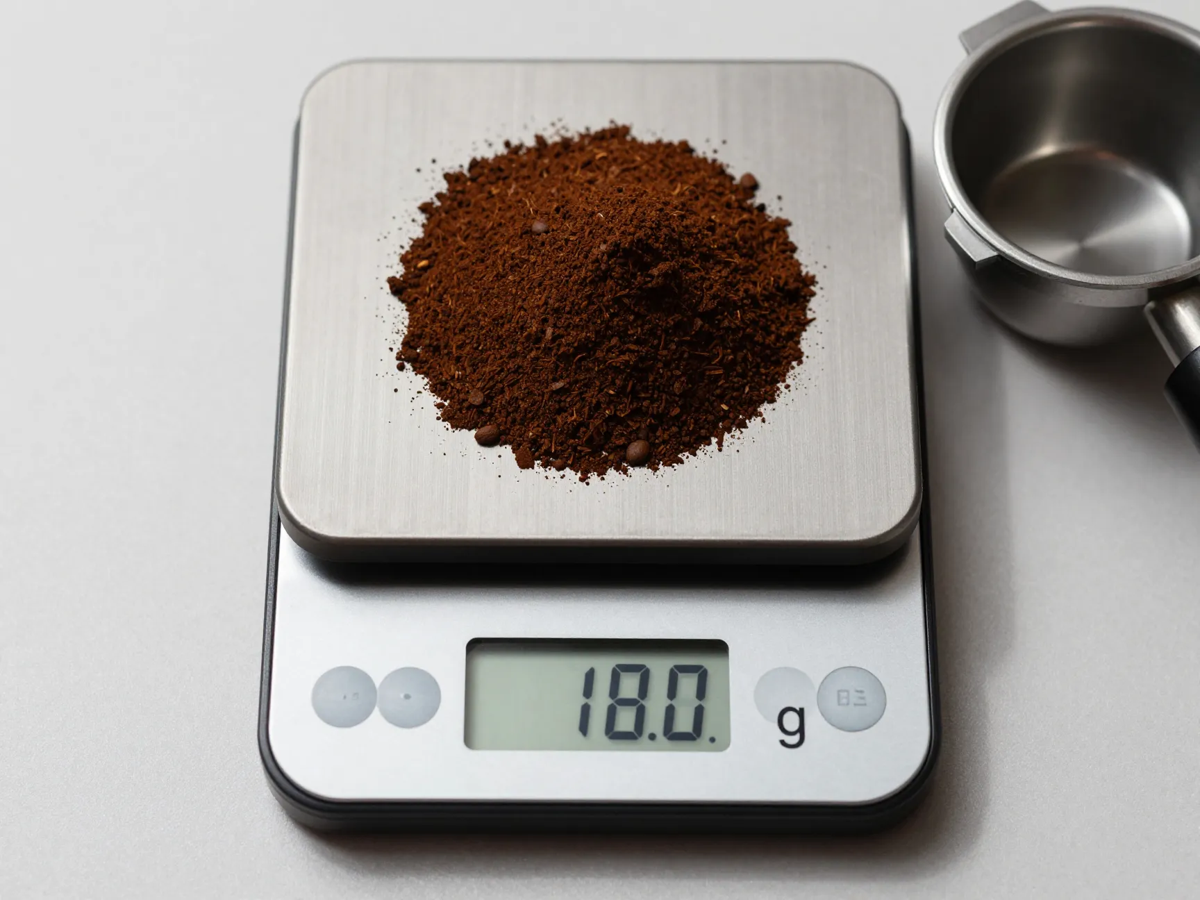 A digital kitchen scale displaying 18 grams of ground coffee