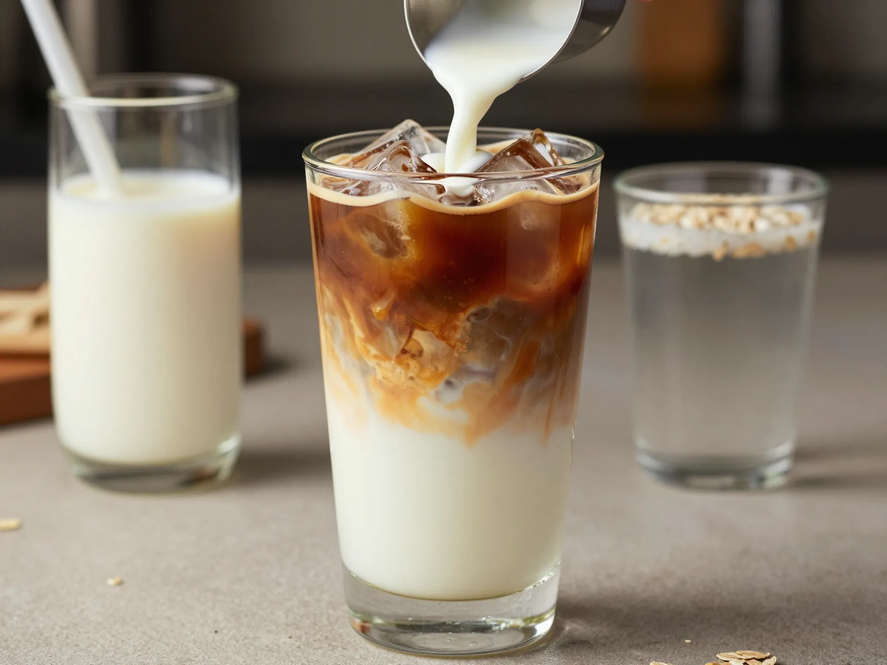 Iced vanilla latte layered glass vanilla syrup cold brew milk