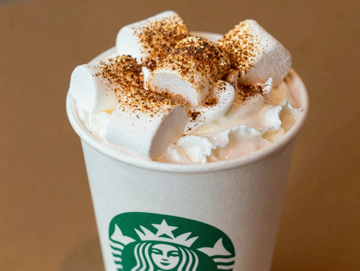 Toasted white hot chocolate marshmallow topping cinnamon dust