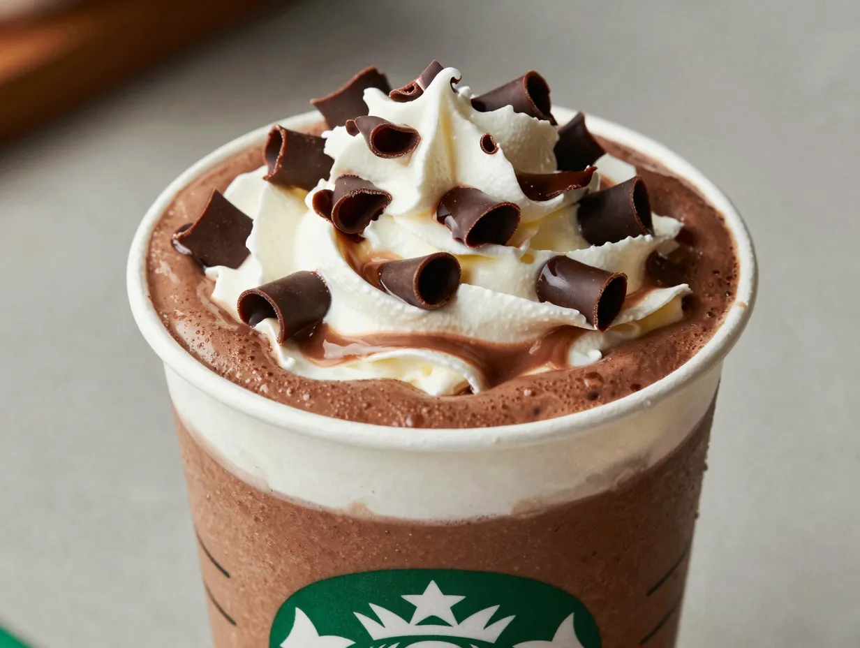 Double chocolate hot chocolate dark chocolate curls whipped cream