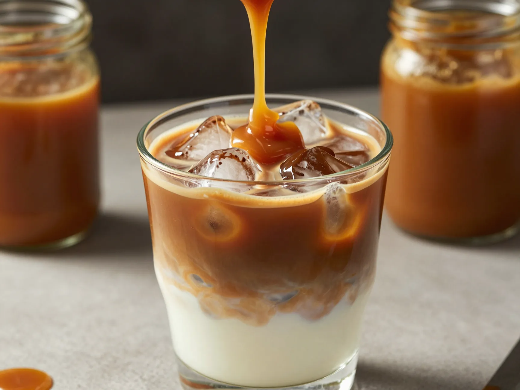 Iced caramel latte glass caramel drizzle espresso milk ice
