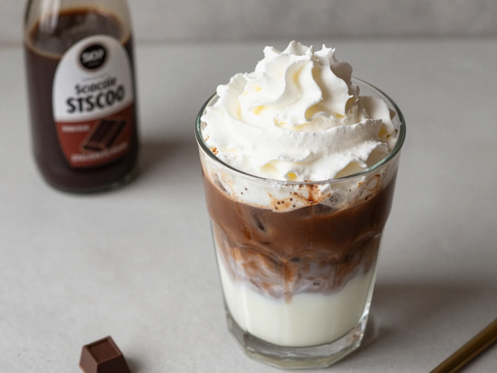 Iced mocha chocolate syrup espresso milk whipped cream glass