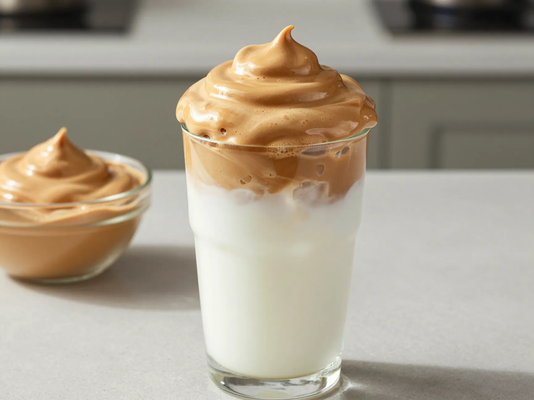 Dalgona whipped iced coffee glass milk ice whipped coffee foam