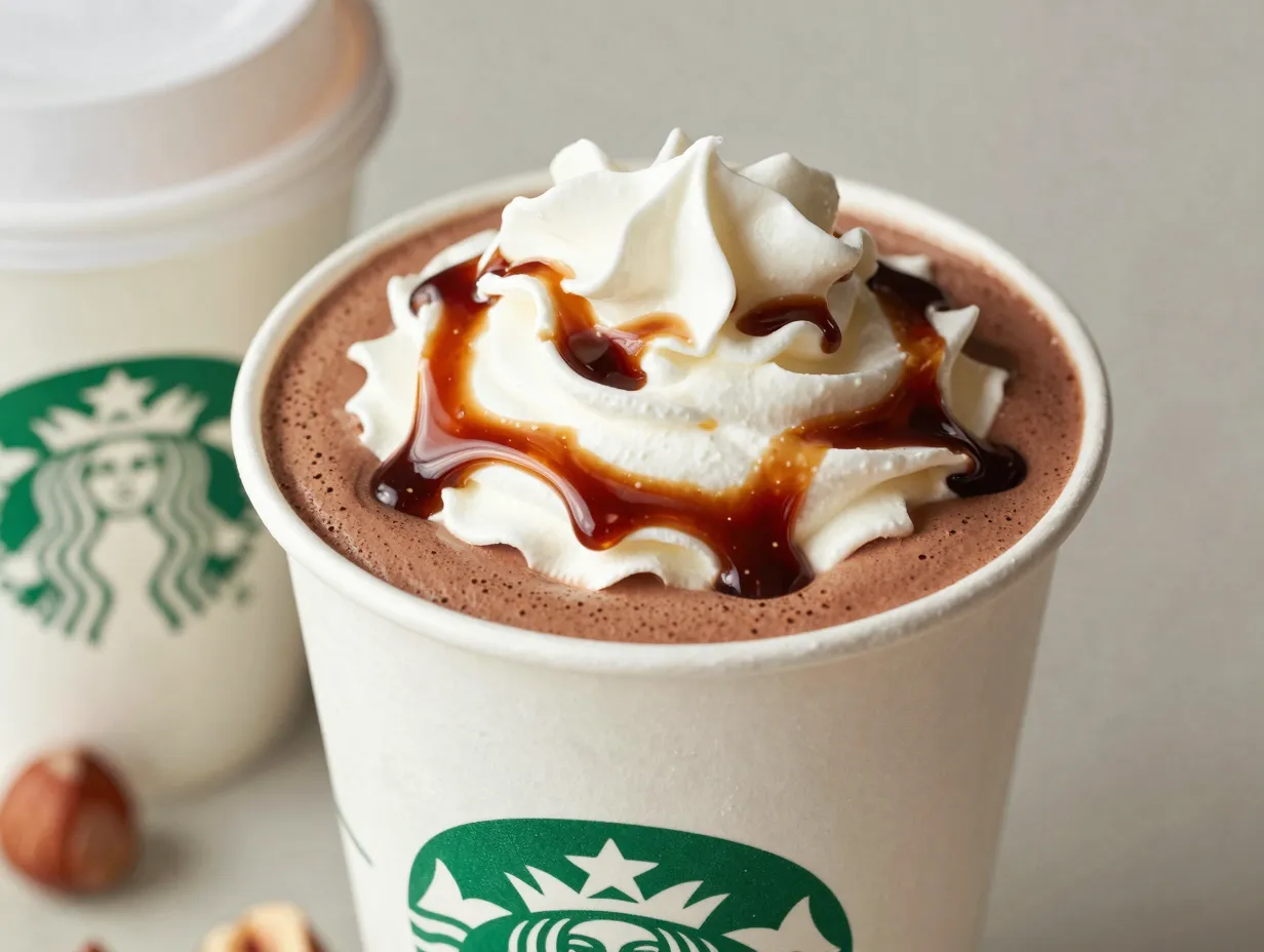 Hazelnut hot chocolate hazelnut syrup drizzle whipped cream