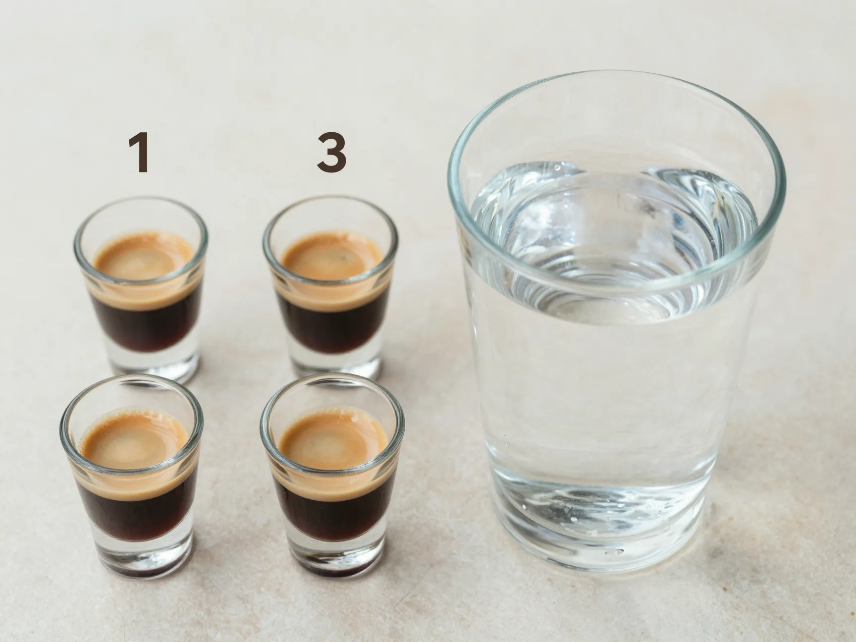Two shot glasses of espresso next to a larger glass of water
