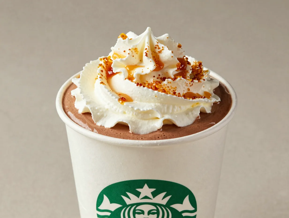 Caramel brulee hot chocolate sugar crust whipped cream