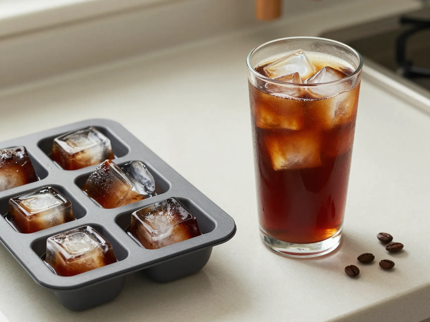 Coffee ice cubes in a tray next to a finished iced americano